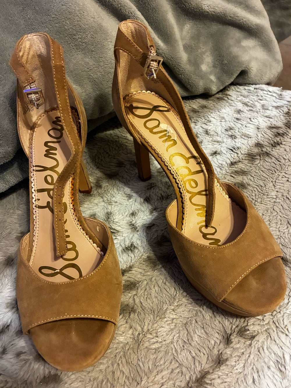 Sam Edelman Tan Suede Peep-Toe Ankle Strap Stiletto Heels- Size 7 1/2
